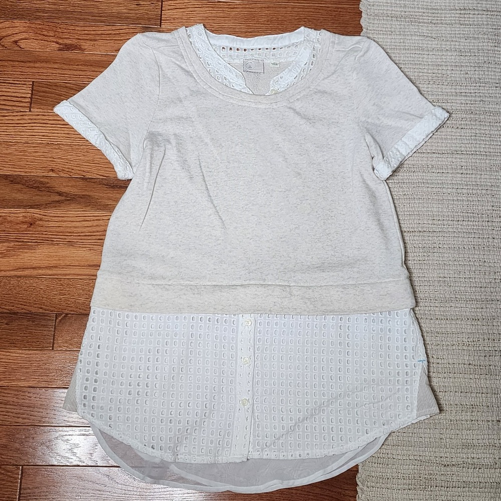 Anthropologie Postmark Eyelet Top Shirt Beige White Short Sleeve‎ Faux Layered L